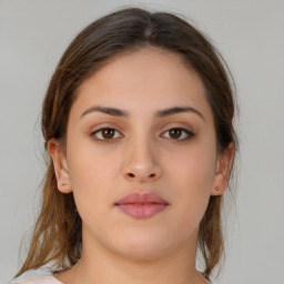 Neutral white young-adult female with medium  brown hair and brown eyes