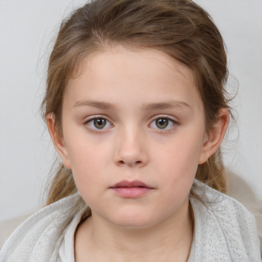 Neutral white child female with medium  brown hair and blue eyes