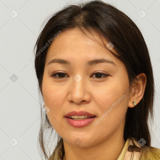 Joyful asian young-adult female with medium  brown hair and brown eyes