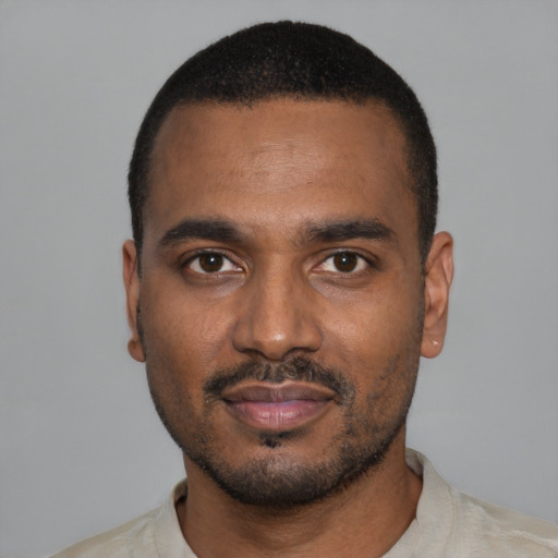 Neutral black young-adult male with short  black hair and brown eyes