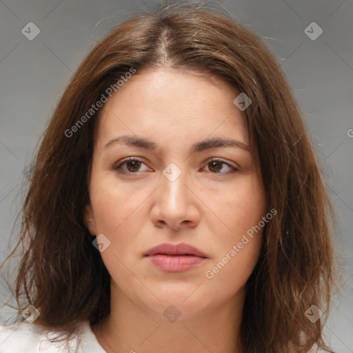 Neutral white young-adult female with medium  brown hair and brown eyes