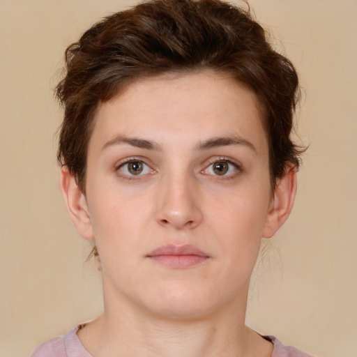 Neutral white young-adult female with short  brown hair and brown eyes