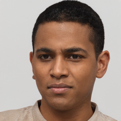 Neutral black young-adult male with short  black hair and brown eyes