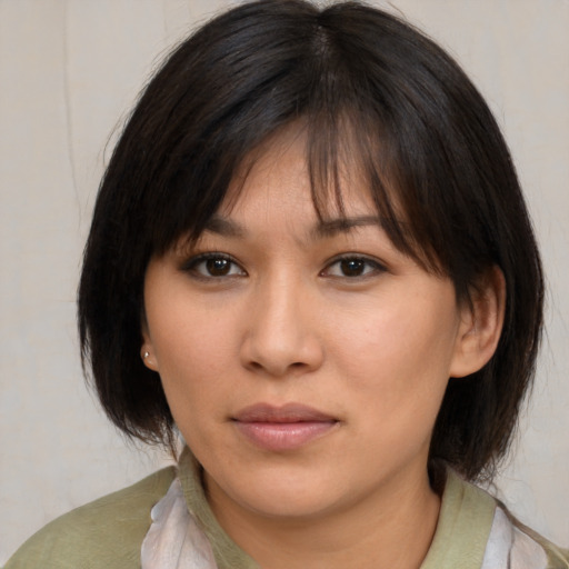 Neutral white young-adult female with medium  brown hair and brown eyes