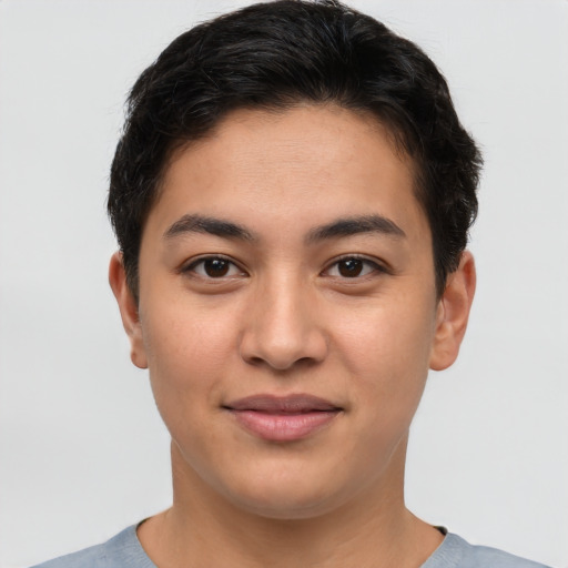 Joyful asian young-adult male with short  brown hair and brown eyes