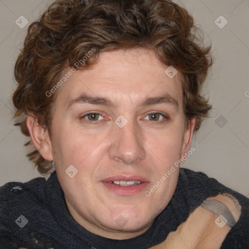 Joyful white adult male with medium  brown hair and brown eyes