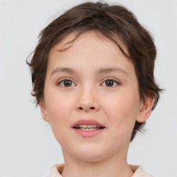 Joyful white child female with short  brown hair and brown eyes