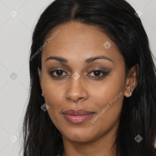 Joyful latino young-adult female with long  brown hair and brown eyes