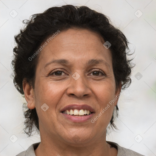 Joyful white adult female with short  brown hair and brown eyes