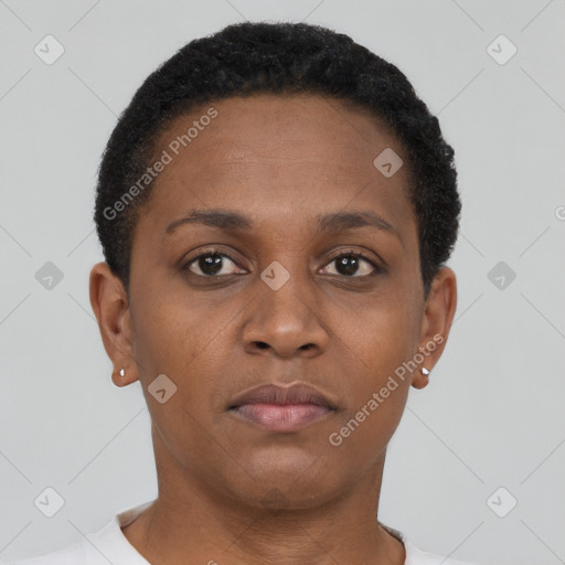 Neutral black young-adult female with short  brown hair and brown eyes