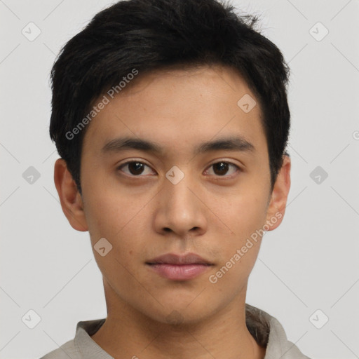 Neutral asian young-adult male with short  brown hair and brown eyes