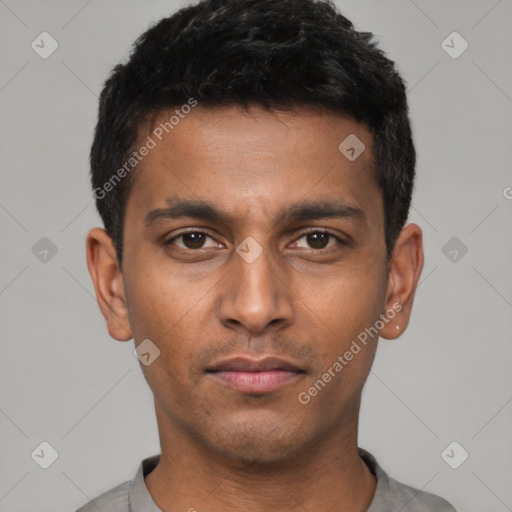 Neutral latino young-adult male with short  black hair and brown eyes