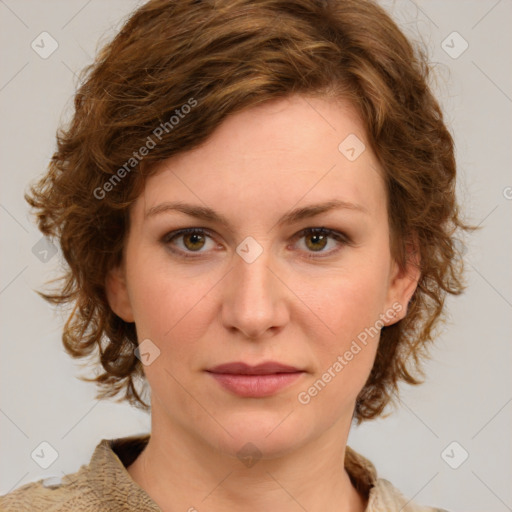 Joyful white young-adult female with medium  brown hair and green eyes