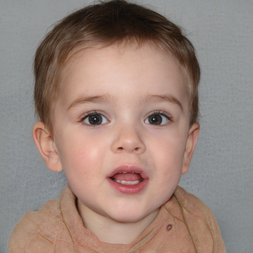 Joyful white child female with short  brown hair and blue eyes