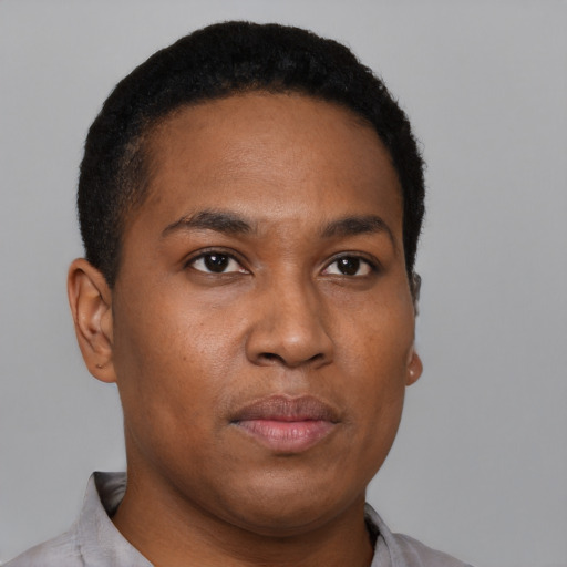 Neutral black young-adult male with short  brown hair and brown eyes