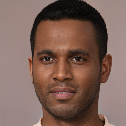 Neutral black young-adult male with short  black hair and brown eyes