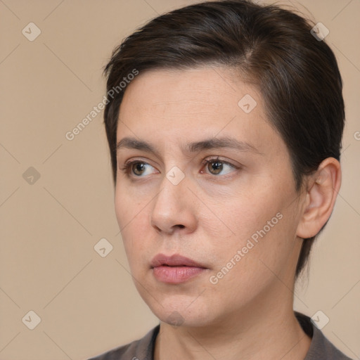 Neutral white young-adult female with short  brown hair and brown eyes