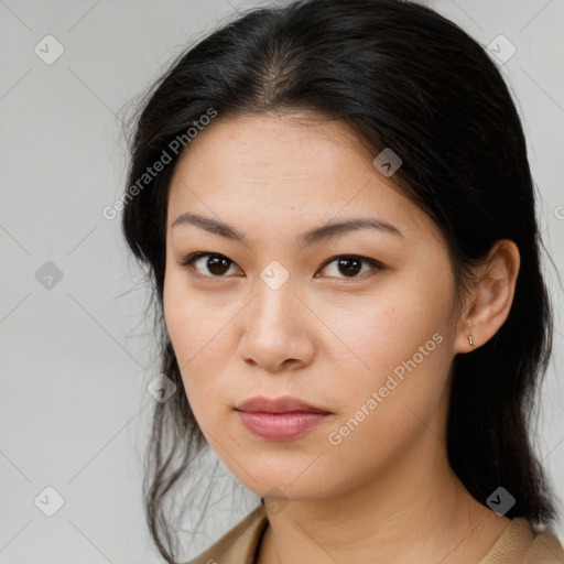 Neutral asian young-adult female with medium  brown hair and brown eyes