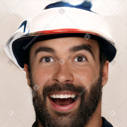 Joyful white young-adult male with short  black hair and brown eyes