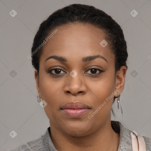 Neutral black young-adult female with short  black hair and brown eyes