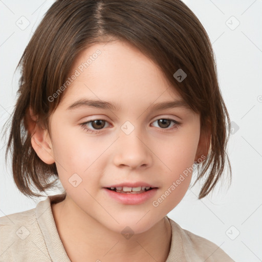 Joyful white child female with medium  brown hair and brown eyes