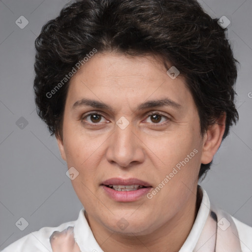 Joyful white adult female with short  brown hair and brown eyes