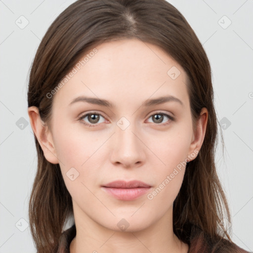 Neutral white young-adult female with long  brown hair and grey eyes