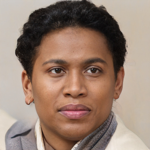 Joyful latino young-adult male with short  brown hair and brown eyes