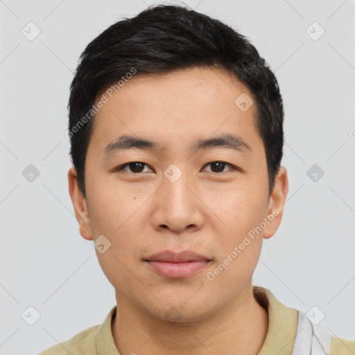 Neutral asian young-adult male with short  black hair and brown eyes