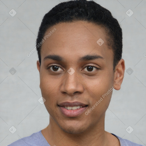 Joyful black young-adult male with short  black hair and brown eyes