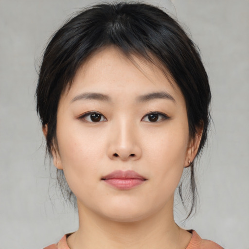 Neutral asian young-adult female with medium  black hair and brown eyes