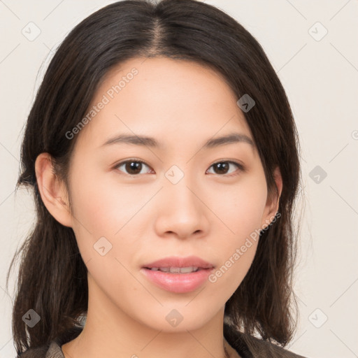 Neutral asian young-adult female with medium  brown hair and brown eyes