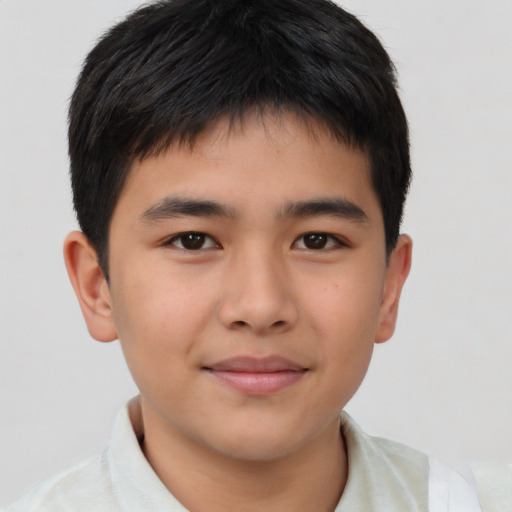 Joyful asian child male with short  brown hair and brown eyes