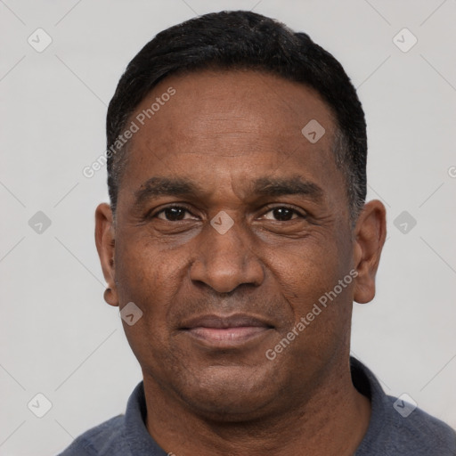 Joyful black adult male with short  black hair and brown eyes