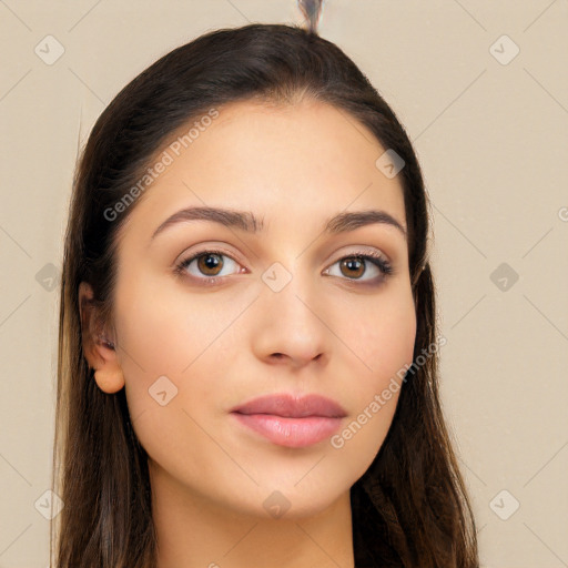 Neutral white young-adult female with long  brown hair and brown eyes