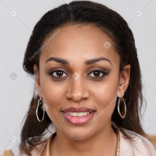 Joyful white young-adult female with long  brown hair and brown eyes