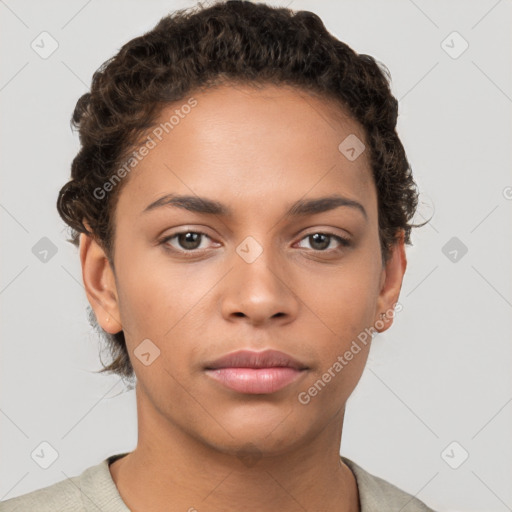 Neutral white young-adult female with short  brown hair and brown eyes