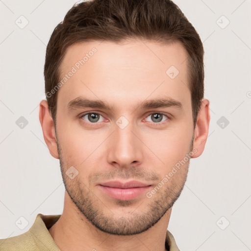 Neutral white young-adult male with short  brown hair and grey eyes