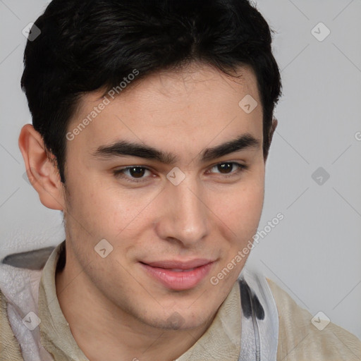 Joyful latino young-adult male with short  brown hair and brown eyes