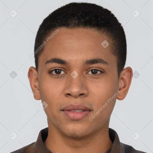 Neutral latino young-adult male with short  brown hair and brown eyes