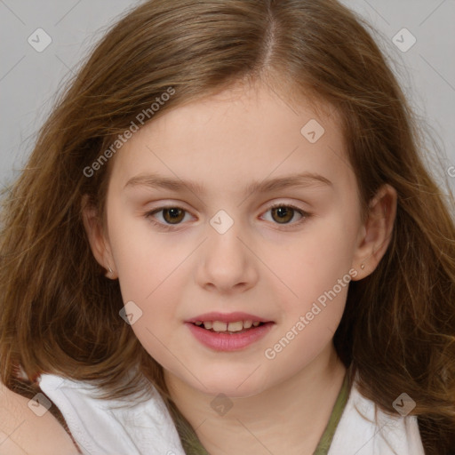 Joyful white child female with medium  brown hair and brown eyes