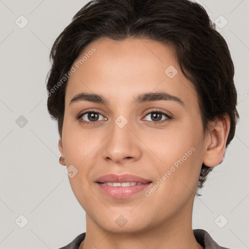 Joyful white young-adult female with short  brown hair and brown eyes