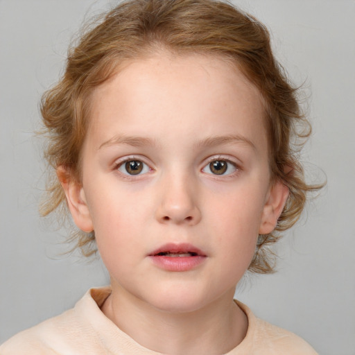 Neutral white child female with medium  brown hair and blue eyes