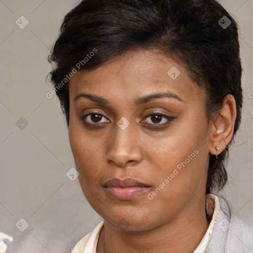 Neutral black young-adult female with medium  brown hair and brown eyes