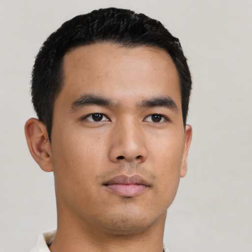 Neutral asian young-adult male with short  black hair and brown eyes