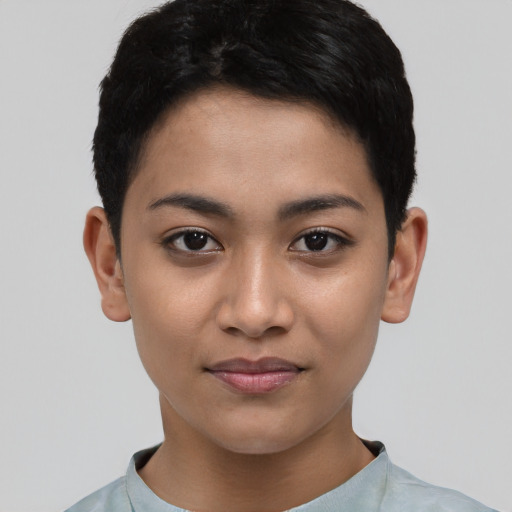 Joyful asian young-adult female with short  black hair and brown eyes