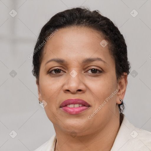 Joyful latino young-adult female with short  brown hair and brown eyes