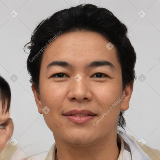 Joyful asian young-adult female with short  brown hair and brown eyes