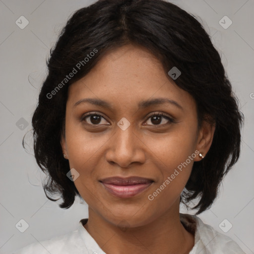 Joyful black young-adult female with medium  brown hair and brown eyes