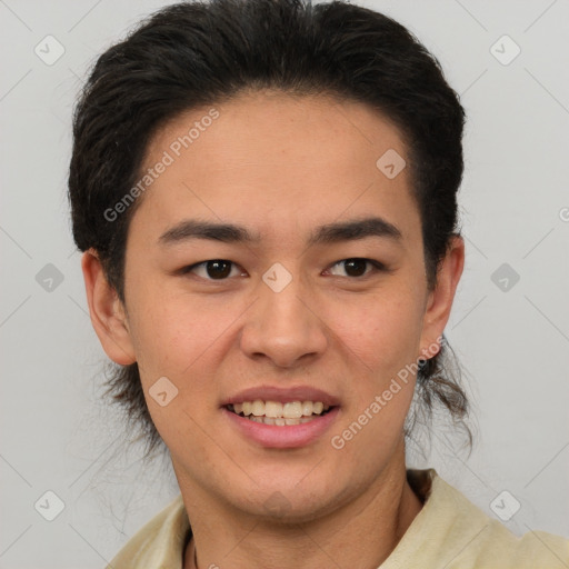 Joyful latino young-adult male with short  brown hair and brown eyes